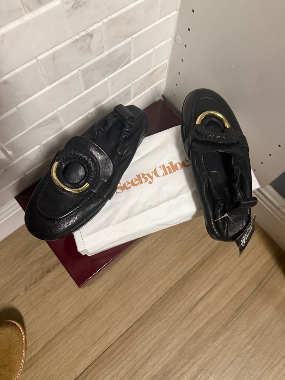 See By Chloe Black Leather Loafers with Gold Ring Detail